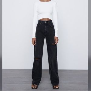 zara wide leg full length ripped jeans